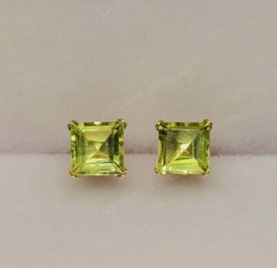 3.0Ct Princess Peridot Solitaire Push Back Stud Earrings 14K Yellow Gold Finish - Image 1 of 4