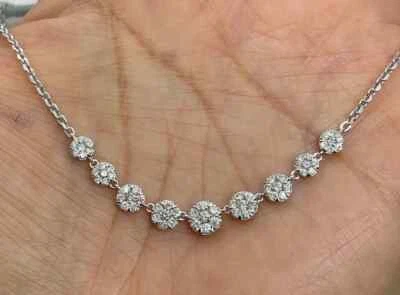 Real Moissanite Choker, 9 Halo 2Ct Cut Round Necklace 14K White Gold Plated - Image 1 of 4