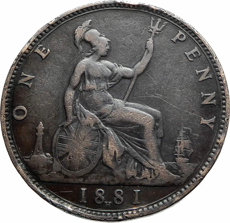 1881 UK Great Britain United Kingdom QUEEN VICTORIA Genuine Penny Coin i76212 - Image 1 of 3