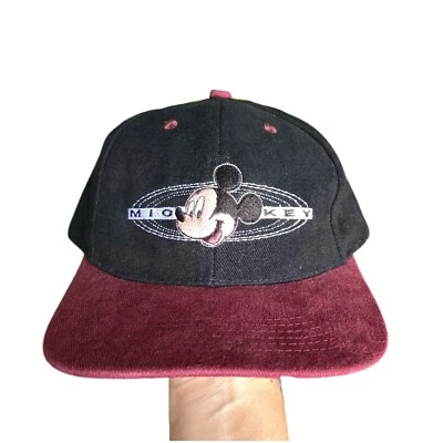 De colección Años 90 Disney Mickey Mouse Sombrero Snapback Gorra Dos Tonos Negro Borgoña Adulto Foto 1 de 4