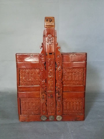 Vintage Chinese Wedding Basket Wicker with hand Carved handle 2 Tier Cover