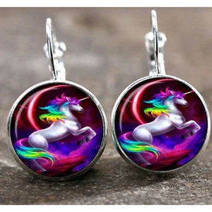 Unicorn Rainbow Silver Glass Cabochon Earrings French Wire Lever back - Picture 1 of 1