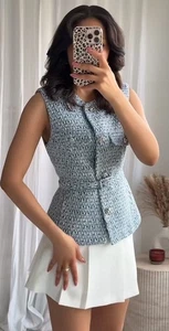 Chaleco con cinturón estructurado de tweed azul talla M de Zara para mujer: 2132/116 nuevo con etiquetas - Imagen 1 de 6
