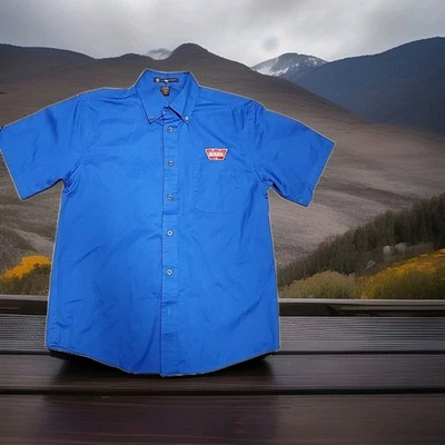 Camisa de manga corta azul con logotipo de Warn Industries abotonada para hombre mediana Foto 1 de 4