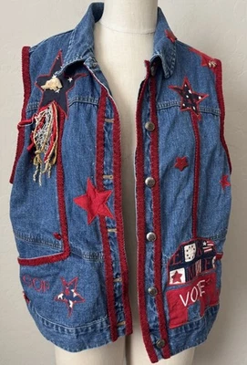 Vtg Rare American Flag XL Denim Vest Magma USA Patriotic Elephant Republican - Image 1 of 4
