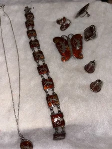 Vintage AMFARCO SIAM Sterlingsilber rote Niello Emaille Brosche, Armband, Halskette - Bild 1 von 18