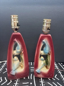 Set of 2 Vintage MID CENTURY 50s  PINK LAMP BLUEBIRD CERAMIC - Picture 1 of 5
