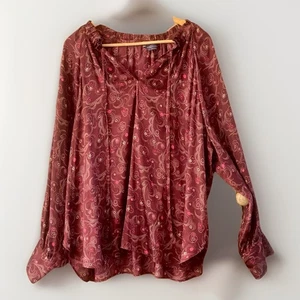 M & S Collection Dark Red Floral Mix Print Long Sleeves Peasant Top Blouse Sz 22 - Picture 1 of 8