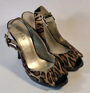 Guess Women's Leopard Print Peep Toe Slingback High Heels shoes Size 8M - Picture 1 of 9