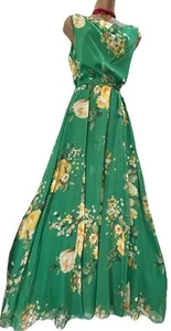 Uk 8 Kate•Lily Dress Green Floral Long Evening Cocktail Chiffon Lined Belted New - Picture 1 of 24
