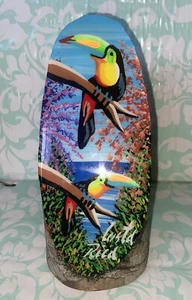 Handpainted Tree Trunk/Log COSTA RICA TUCÁN Ocean Scene 6 1/2” Tall - Picture 1 of 9