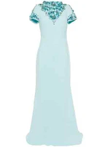 Badgley Mischka Women's Blue Bead-Embellished Boat-Neck Gown sz 4 Short Sleeve - Picture 1 of 2