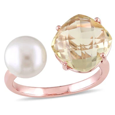 Amour Rose Plated Silver Lemon Quartz and Freshwater White Pearl Open Cuff Ring - Image 1 of 4