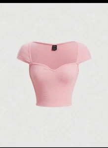 Women Built-in Bra Sweetheart Neck Ribbed Knit Short Sleeve T-shirt Pink Size - Picture 1 of 4