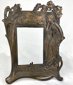 Vintage Art Nouveau Floral Woman Cast Metal Frame Butterfly Lady Lilies Flowers - Picture 1 of 9