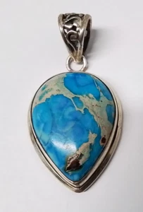 .925 Silver Natural Spiderweb Turquoise 20x28 Pendant - Picture 1 of 4