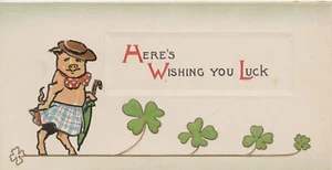 fantasy dressed anthropomorphic pig walks upright, umbrella, Tuck Christmas card - Bild 1 von 3