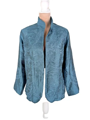Chaqueta Blazer Norm Thompson Bordada Seda Talla M Azul Teal Verde Artístico Foto 1 de 4