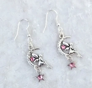 Tibetan Silver Fairy Moon, Pink Glass Diamante,925 Silver Hook Earrings.Handmade - Picture 1 of 5