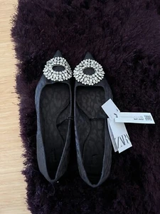 ZARA BLACK BALLET FLAT ANIMAL PRINT WITH FAUX CRYSTAL JEWEL TOE EUR 38 NWT - Picture 1 of 6