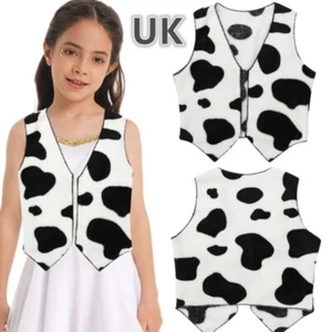 UK Boy's Girls Western Cowboy Cowgirl Costume Flannel Cow Printed Vest Waistcoat - Picture 1 of 19