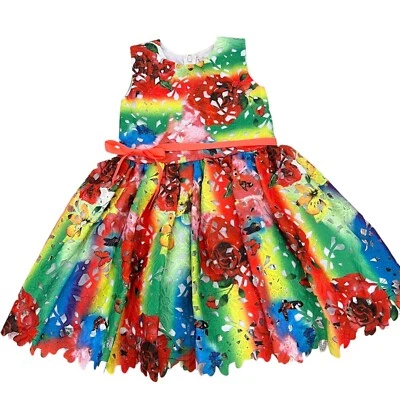 Halabaloo Girls Rainbow Floral Laser-Cut Dress 6X Polyester Cotton Blend Bow Acc - Image 1 of 4
