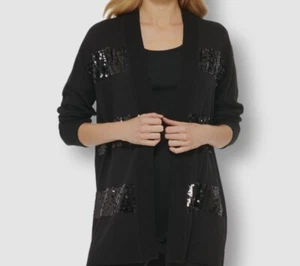 New DKNY Women's Black Sequin-Stripe Long-Sleeve Cardigan Size M - Picture 1 of 1