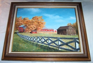 Pintura en lienzo firmada paisaje rural otoño granero granja la familia enmarcada - Imagen 1 de 17