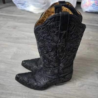 Botas occidentales Corral de cuero negras bordado floral punta cuadrada para mujer talla 9M Foto 1 de 4