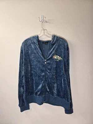 BCBG MAXAZRIA Pavo Real Embellecido Verde Azulado Sudadera con Capucha Terciopelo Sudadera 2X Y2K  Foto 1 de 4