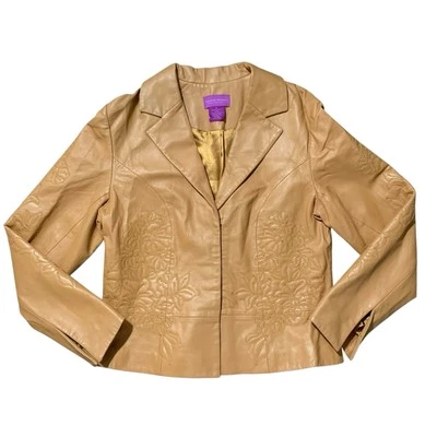 Chaqueta de cuero bordada Suzanne Somers para mujer talla mediana color camel je235 Foto 1 de 4