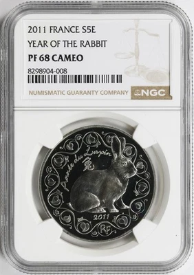 2011 Франция серебро 5 € евро год кролика NGC PF68 камея - Изображение 1 из 4