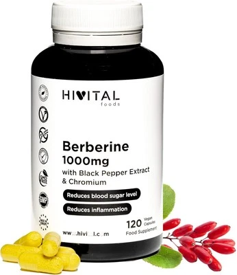 MARKE HIVITAL FOODS Berberin 1000 mg. 120 vegane Kapseln für für 2 Monate Behandlung. Natürlicher Ex