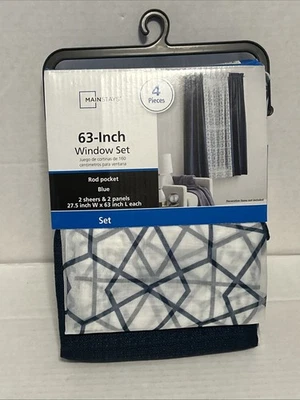 Mainstays Curtain and Sheers Set, 4 PANELS, Blue, 27.5" W x 63” L - NEW - Image 1 of 4