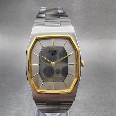 Seiko Pulsar Tank Watch Men 28mm Silver Dial Two Tone Y100-5059 New Battery - Image 1 of 4