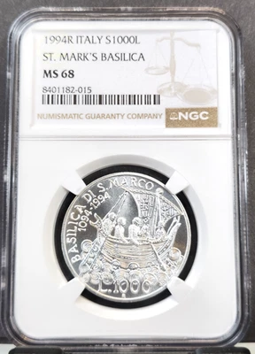 1994 ITALY SILVER 1000 LIRE S1000L SAINT MARKS BASILICA NGC MS 68 SCARCE GEM BU - Image 1 of 3