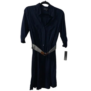 BCX Dress Juniors Small Navy Belted Roll Tab Sleeves Button Front NWT - Picture 1 of 7