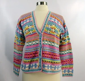 Vintage pastel stripes crochet cardigan sweater PBJ Sport Ramie/cotton Small - Picture 1 of 4