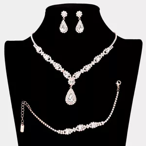 "3 PC" CLEAR CRYSTAL SET IN ROSE GOLD PROM WEDDING FORMAL NECKLACE JEWELRY SET* - Picture 1 of 2