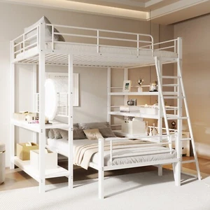 Etagenbett Metall Hochbett Doppelbett 140x200 mit Schreibtisch und Regalen Weiß - Bild 1 von 7