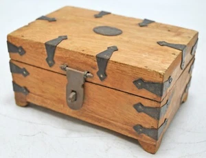 Vintage Wooden Small Storage Box Original Old Hand Crafted Metal Fitted - Picture 1 of 7