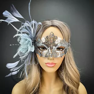 Extravagant Feather Masquerade Mask Silver Metal - Picture 1 of 2