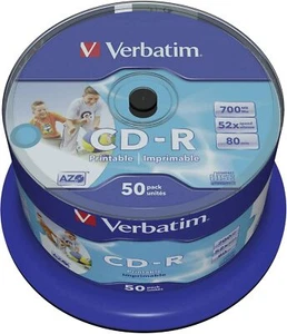 Verbatim CD-R AZO Wide Inkjet Printable 700 MB, 50er Pack Spindel, CD Rohlinge - Afbeelding 1 van 6
