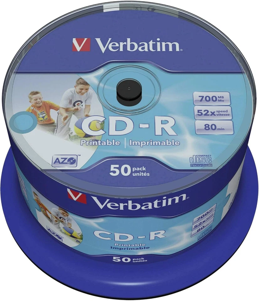 Verbatim CD-R AZO Wide Inkjet Printable 700 MB, 50er Pack Spindel, CD Rohlinge - Bild 1 von 4