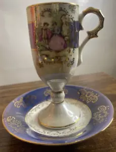 Lefton Courting Couple Footed Demitasse Cup Saucer Hand Paint Iridescent Purple - Picture 1 of 6