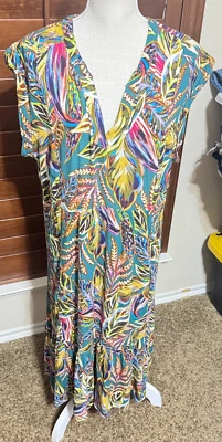 Democracy Colorful dress Midi Ruffled Sleeveless Tropical Flowy Vacation sz L - Image 1 of 4