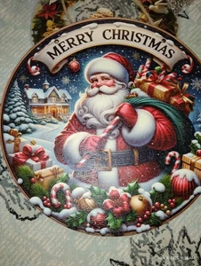 Frohe Weihnachten Weihnachtsmann Kranz Holz hängend, festlich rund Fenster/Wand Dekor 8" - Bild 1 von 3