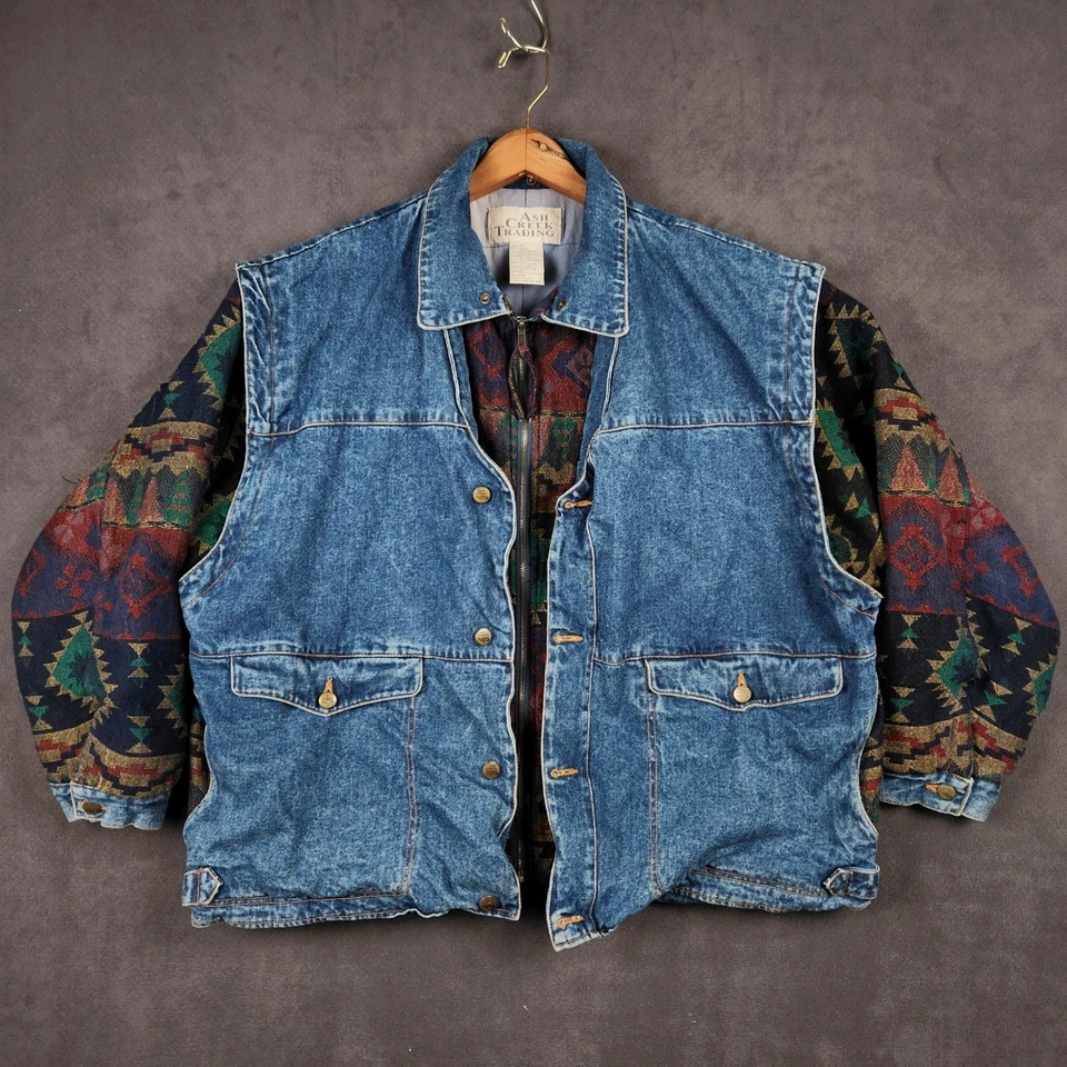 Chaqueta Bomber Denim Azteca De Colección Para Hombres 2X Manta Suroeste Forrada Años 90 Oeste Foto 1 de 4