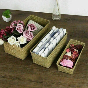 Retro Simple Seagrass Storage Basket Home Handmade Woven Box Desktop Organizer - Picture 1 of 21
