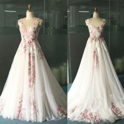 Цветные цветочные трапециевидные свадебные платья с v-образным вырезом романтические тюлевые свадебные платья - Изображение 1 из 4